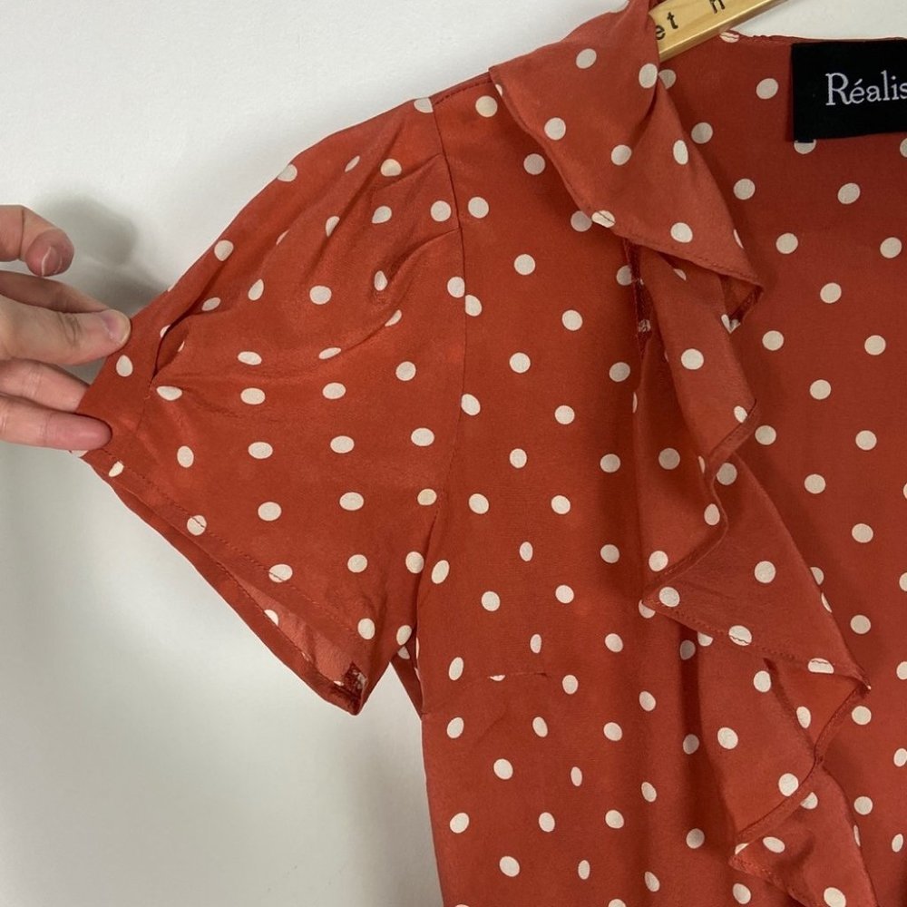 Realisation Par 100% Silk Brown Polka Dot‎ Ruffle Wrap Dress Size XS Valentina - Picture 9 of 11